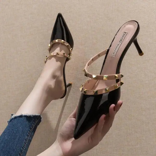 Beige Heeled Sandals Fashion Womens Shoes xakxx Med Shallow Mouth Black Pointed Luxury Block Closed Summer Medium Outside Comfort