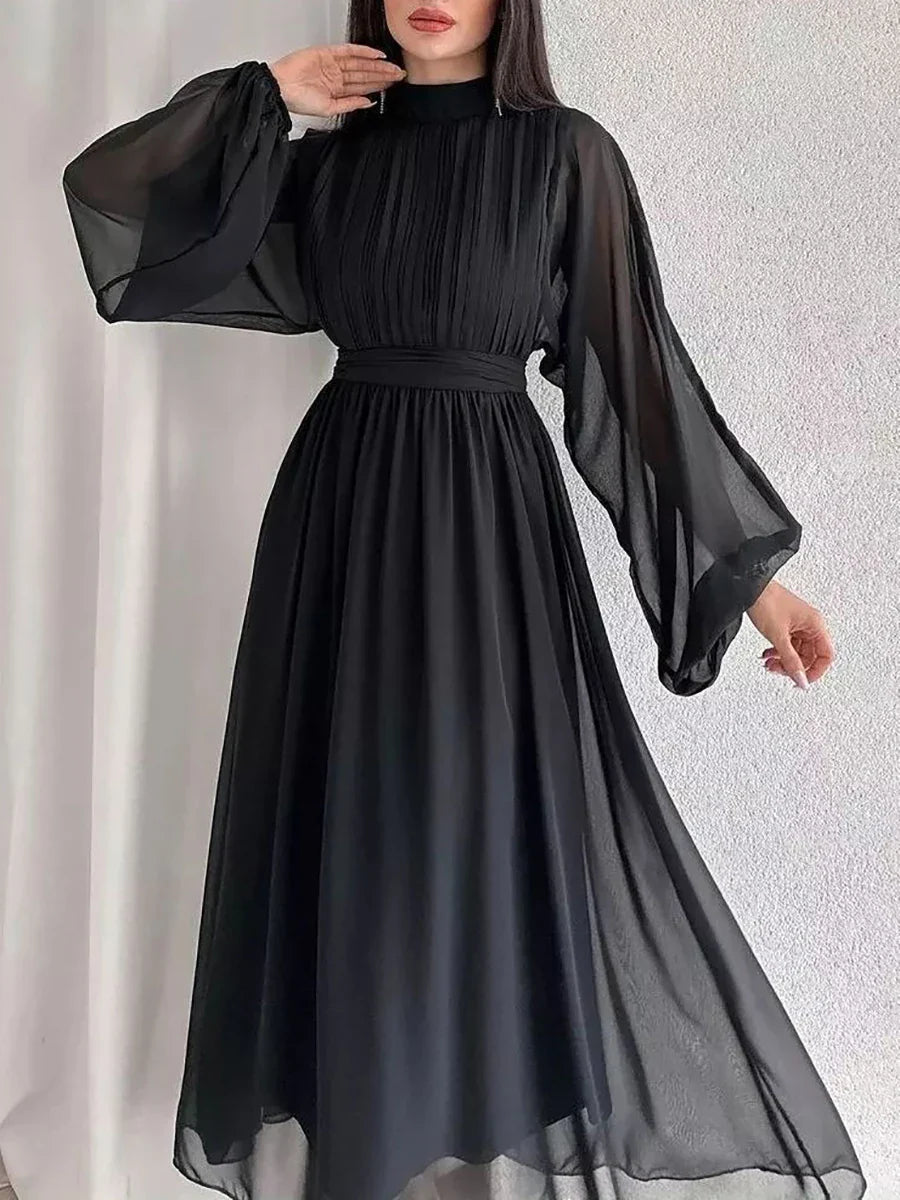 Beautiful Women's Dress Half High Collar Pleated Dresses with Long Sleeve Slim Elegant Black Chiffon Dress for Women xakxx Summer