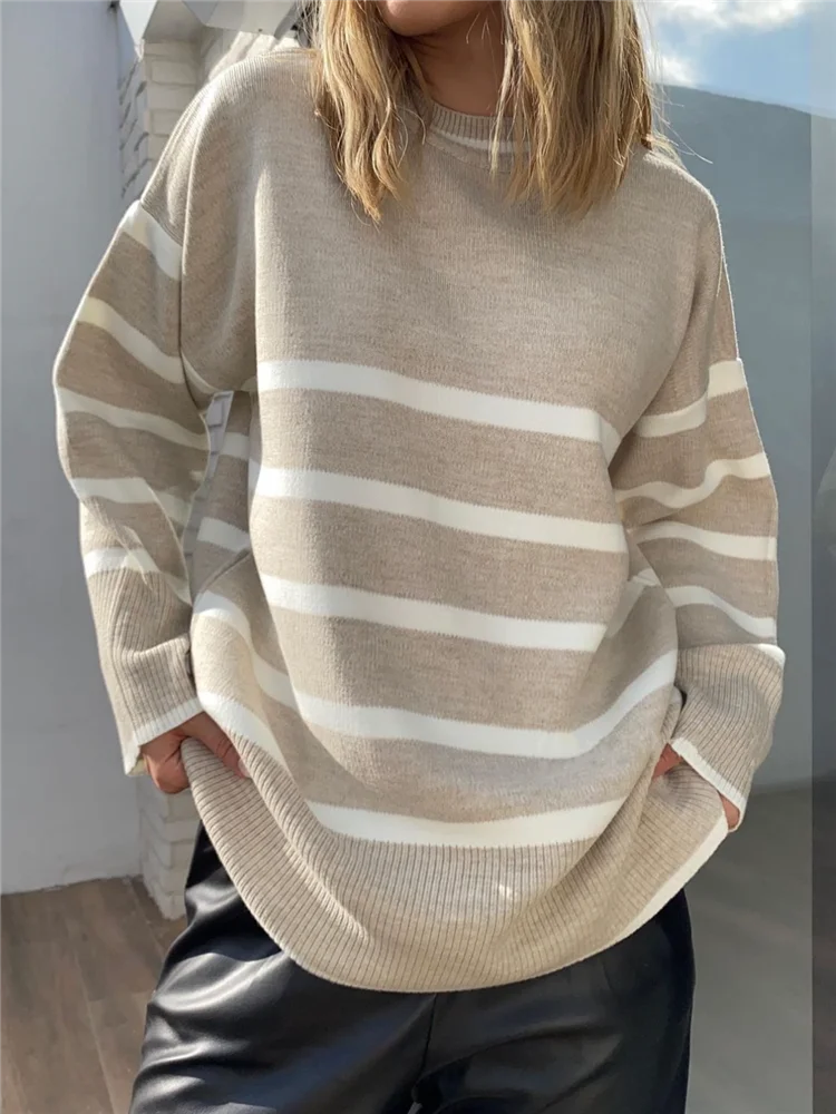 Autumn Winter Elegant Striped Oversize Women's Sweater New O-Neck Long Sleeve Casual Loose Knitwear Sweaters Female