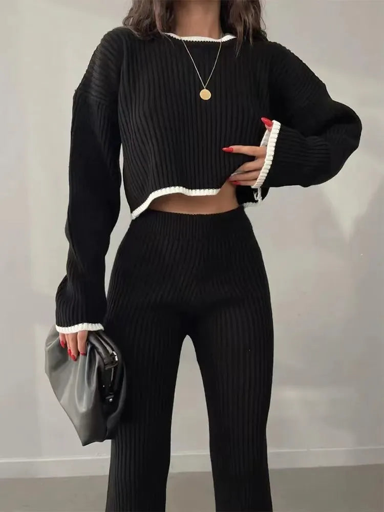 Autumn Winter 2 Pieces Women's Oufit Sets Knitted Tracksuit O-Neck Sweater and Wide Leg Jogging Pants Female Suits