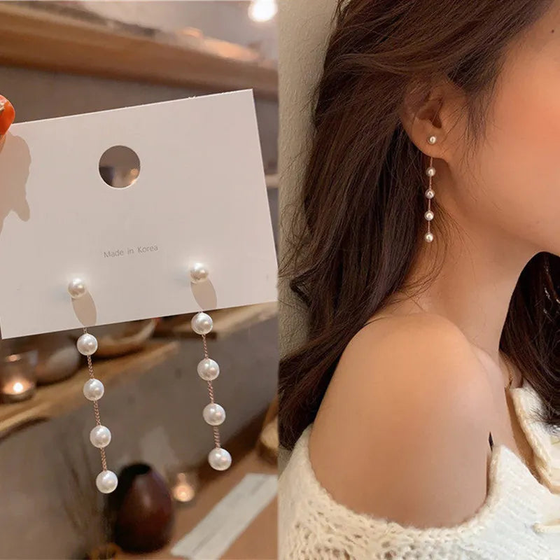 xakxx New Trend Simulation Pearl Long Earrings Women's Flower Rhinestone Wedding Pendant Earrings Fashion Korean Jewelry Earrings
