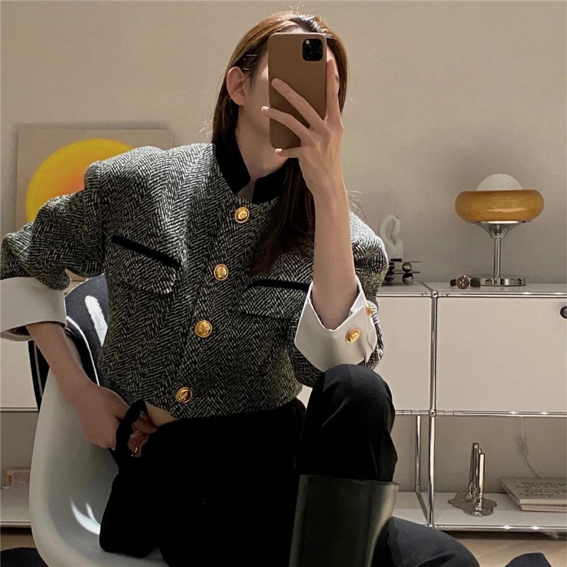Purpdrank - Aesthetic Clothes Retro Fashion Jacket 2023 Spring Women's clothing design sense stand-up collar equestrian clothing French tweed short Coat Women