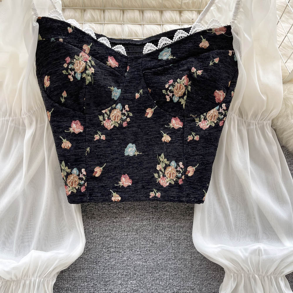 Xakxx - Floral Print Blouse Women Court Patchwork Flare Sleeve Elastic Waist Spring French Style Female Backless Short Tops