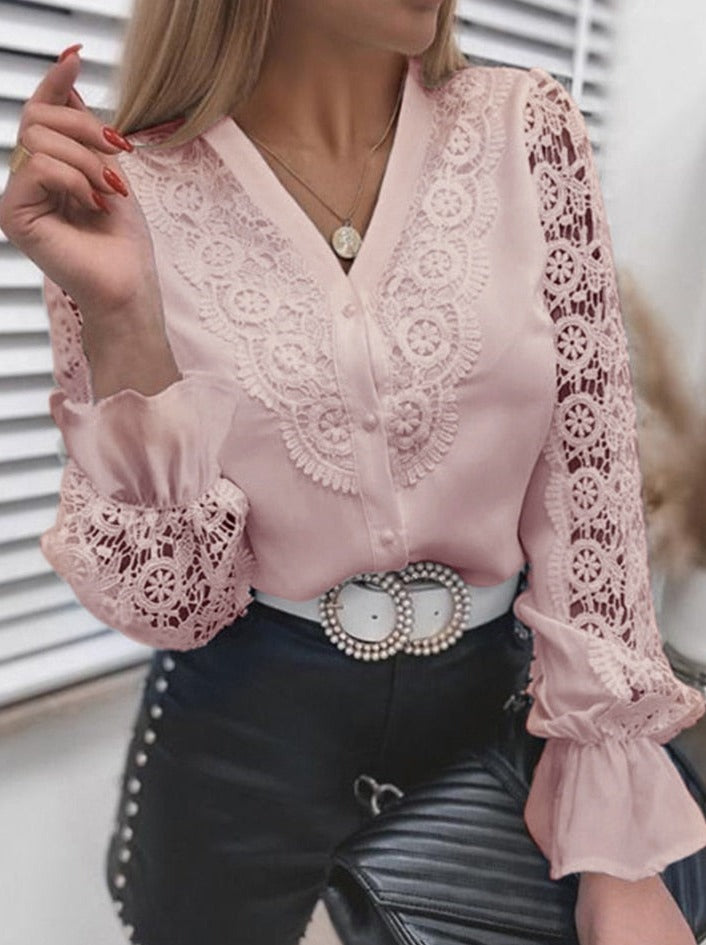 Xakxx - Women Sexy Lace Patchwork Hollow Out Shirt Blouse Long Sleeve O-Neck Mesh Design Tops Spring White Vintage Button Shirts