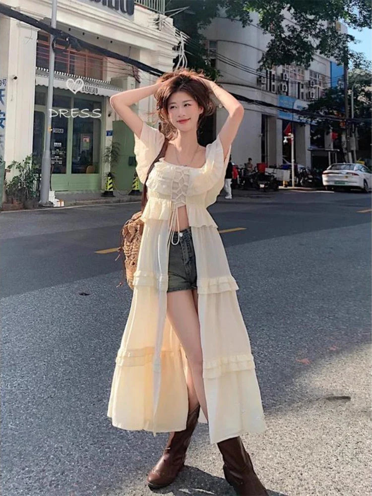 Beach Ruffles Holiday Vacation Midi Dress Women Sundress Summer xakxx Causal Off Shoulder Bandage Dresses Fashion Korean