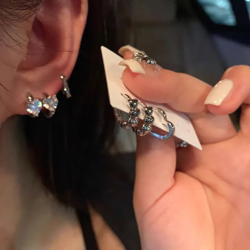 6Pcs New Goth Zircon Crystal Geometric Metal Heart Hoop Earrings For Women Vintage Y2K Accessories Aesthetic Jewelry
