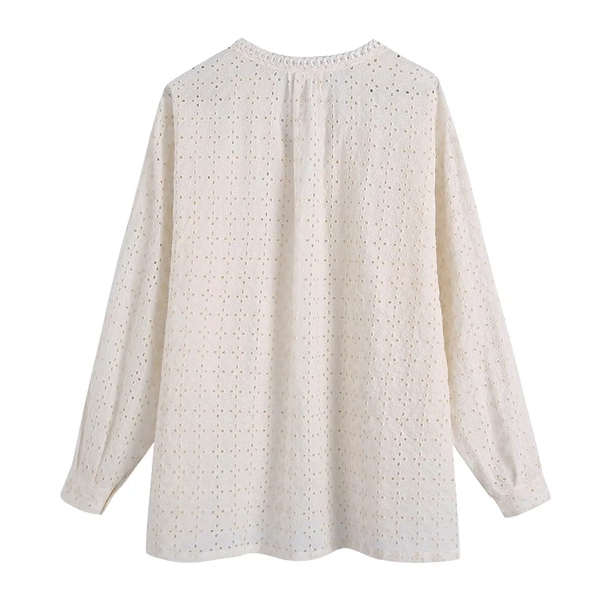 Xakxx - Embriodery Lace Cotton Blouse Shirt Women V Neck Vintage Hollow Out Tops Autumn Winter Casual Office Ladies Blouse Blusa