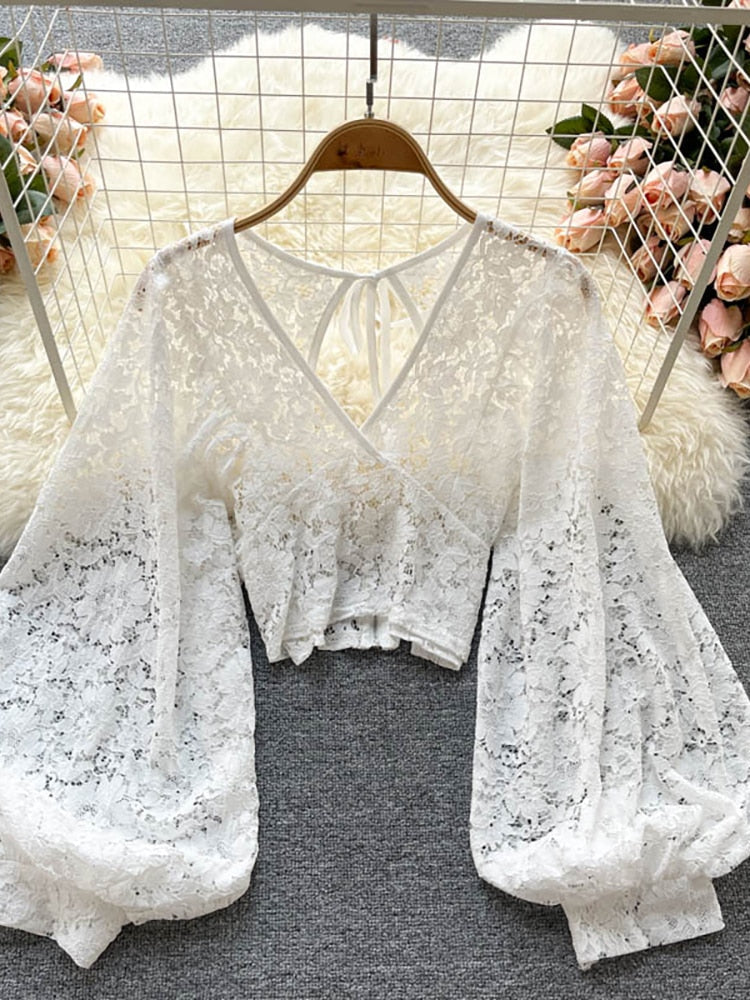 Xakxx - Autumn Black/White/Brown Sexy Lace Blouse Women Elegant V-Neck Puff Long Sleeve Open Back Short Tops Female Party Blusas 2023