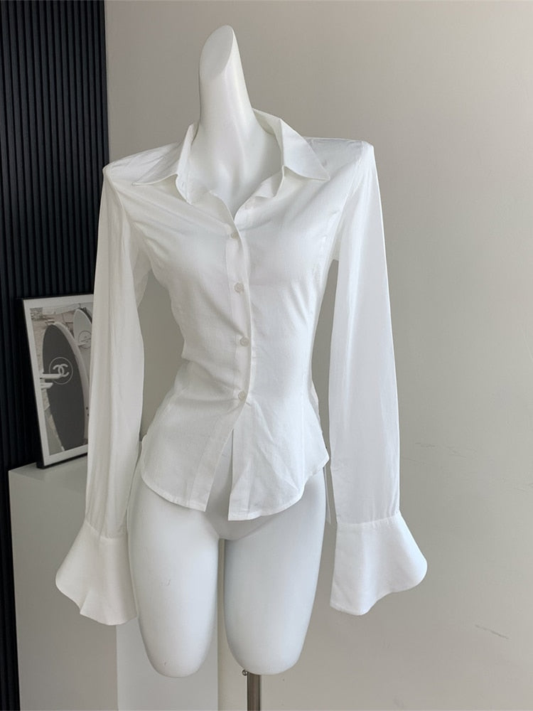 Xakxx - Women Retro Solid Color Slim Chiffon Shirt Turn-down Collar Flare Sleeve Tunic Bandage Design Female Blouses 2023 Spring Summer