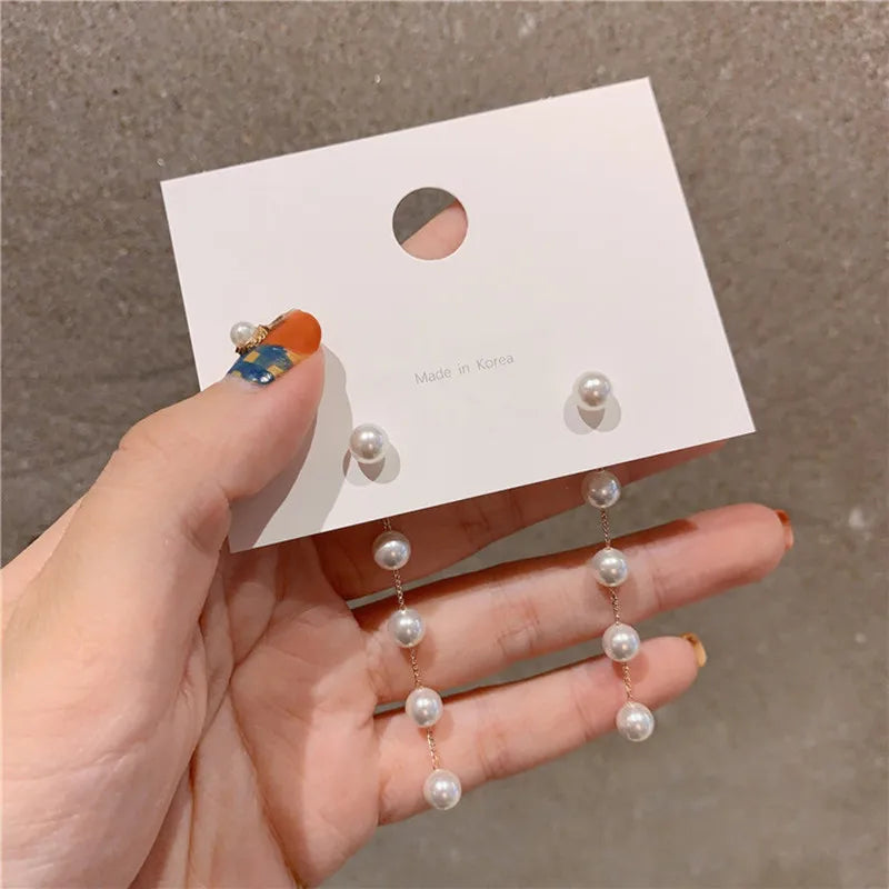 xakxx New Trend Simulation Pearl Long Earrings Women's Flower Rhinestone Wedding Pendant Earrings Fashion Korean Jewelry Earrings