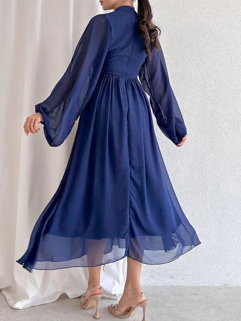 Beautiful Women's Dress Half High Collar Pleated Dresses with Long Sleeve Slim Elegant Black Chiffon Dress for Women xakxx Summer