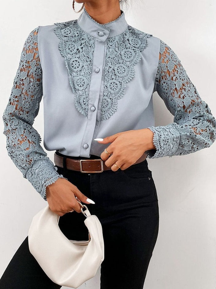 Xakxx - Women Sexy Lace Patchwork Hollow Out Shirt Blouse Long Sleeve O-Neck Mesh Design Tops Spring White Vintage Button Shirts