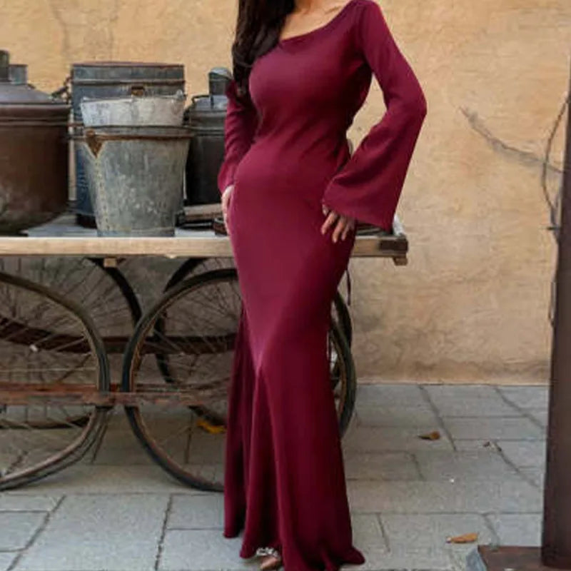 xakxx Women Satin Long Dresses Sexy Lace Up Slim Evening Dresses Simple Round Neck Flare Sleeve Birthday Party Dresses For Women