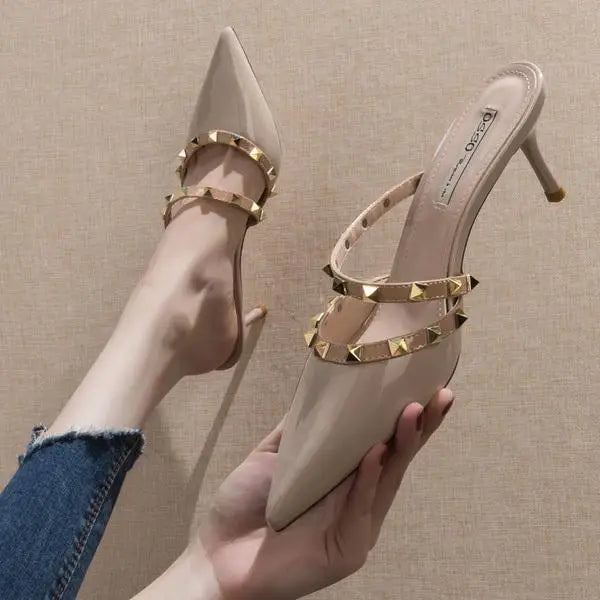 Beige Heeled Sandals Fashion Womens Shoes xakxx Med Shallow Mouth Black Pointed Luxury Block Closed Summer Medium Outside Comfort