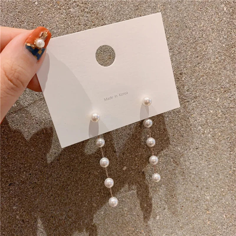 xakxx New Trend Simulation Pearl Long Earrings Women's Flower Rhinestone Wedding Pendant Earrings Fashion Korean Jewelry Earrings