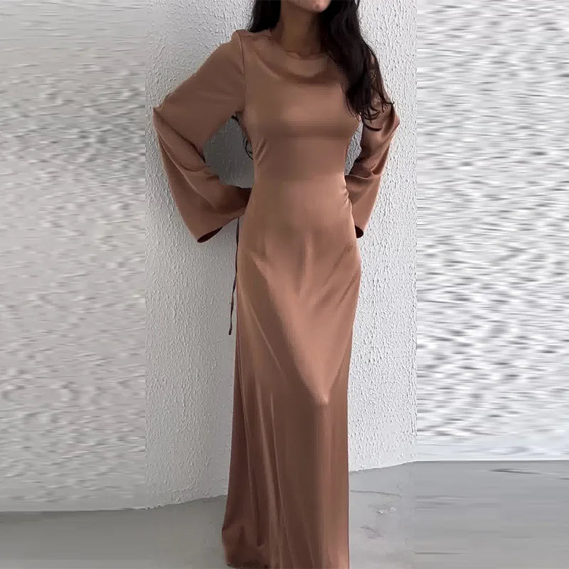 xakxx Women Satin Long Dresses Sexy Lace Up Slim Evening Dresses Simple Round Neck Flare Sleeve Birthday Party Dresses For Women