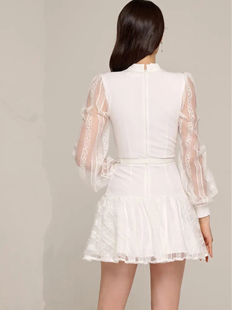 Autumn New Notched collar Belt Slim Mini Blazer Dress Women's Sexy Lace Patchwork Long Sleeve Single-Breasted Short Dress White