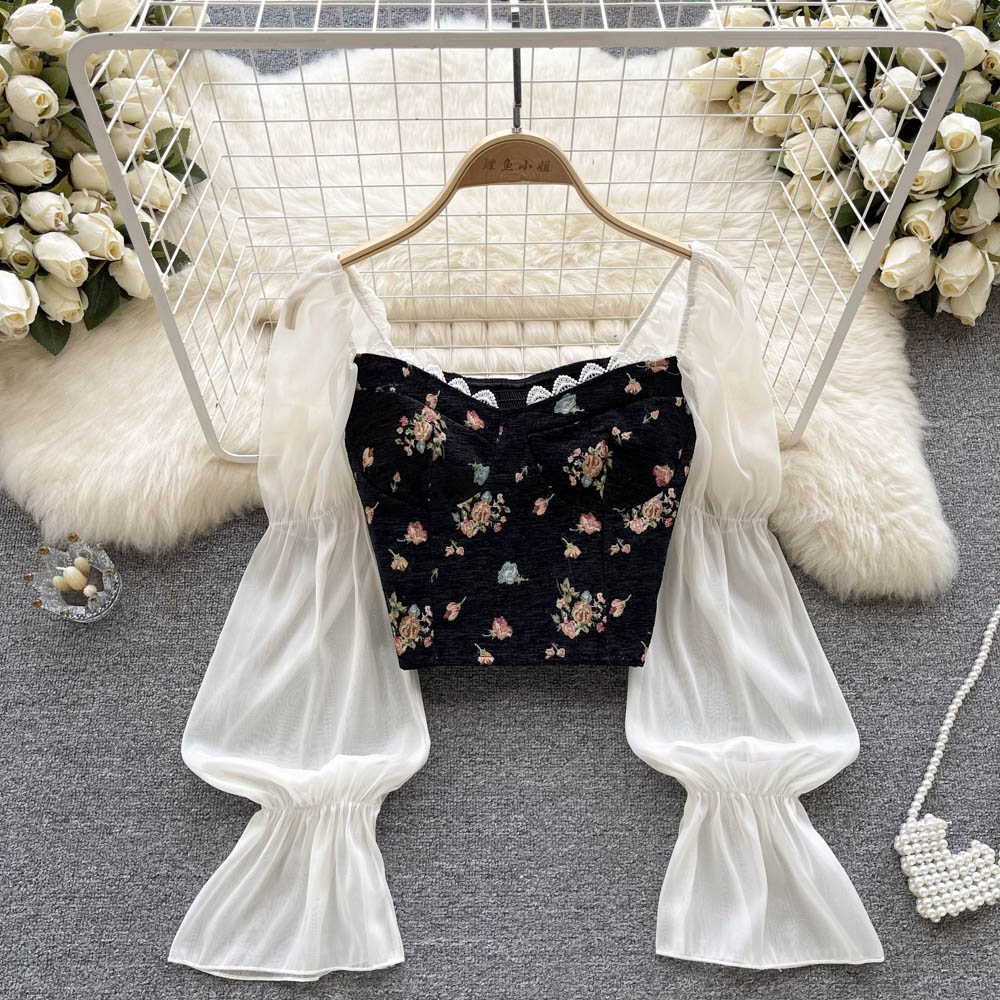 Xakxx - Floral Print Blouse Women Court Patchwork Flare Sleeve Elastic Waist Spring French Style Female Backless Short Tops