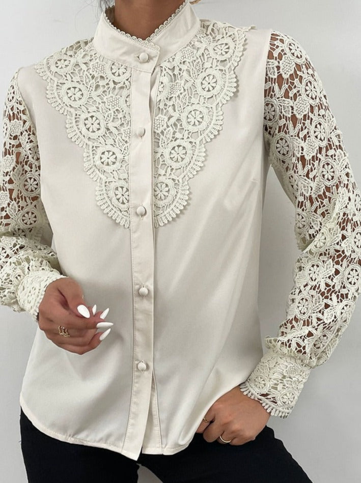 Xakxx - Women Sexy Lace Patchwork Hollow Out Shirt Blouse Long Sleeve O-Neck Mesh Design Tops Spring White Vintage Button Shirts
