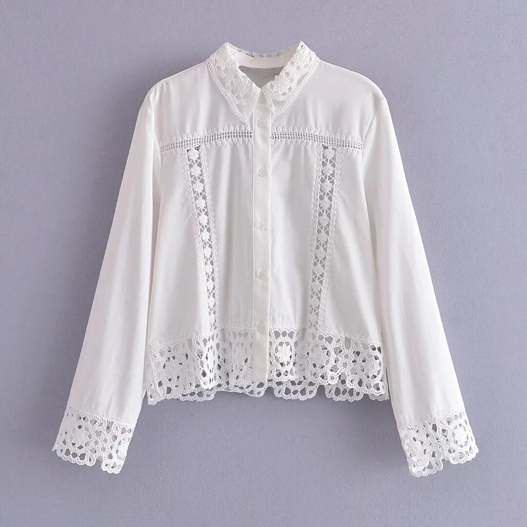 Xakxx - Embriodery Lace Cotton Blouse Shirt Women V Neck Vintage Hollow Out Tops Autumn Winter Casual Office Ladies Blouse Blusa