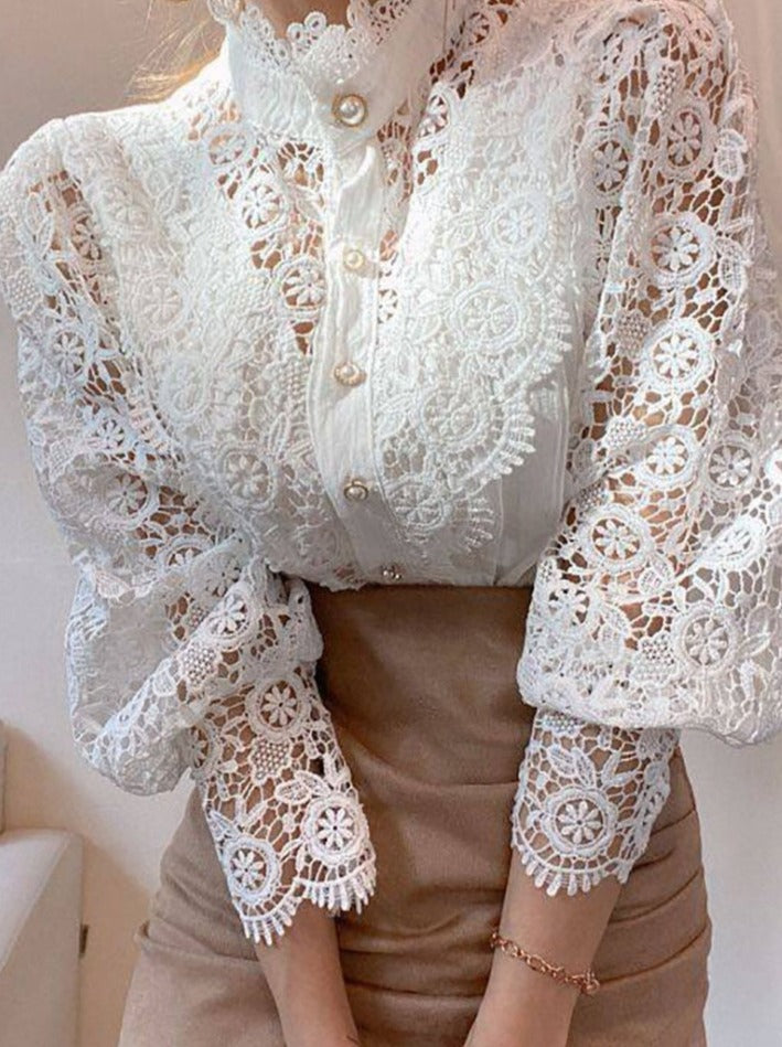 Xakxx - Women Sexy Lace Patchwork Hollow Out Shirt Blouse Long Sleeve O-Neck Mesh Design Tops Spring White Vintage Button Shirts