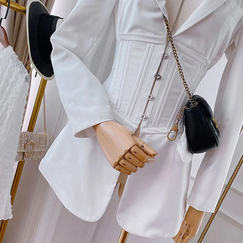 xakxx New Fashion Runway All Season Women Notched Long Sleeve Coat Metal Button Waist Shaping Black White Corset Blazer
