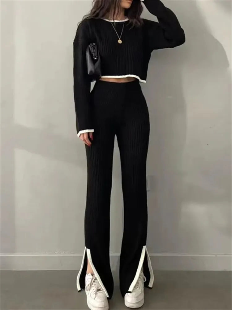 Autumn Winter 2 Pieces Women's Oufit Sets Knitted Tracksuit O-Neck Sweater and Wide Leg Jogging Pants Female Suits