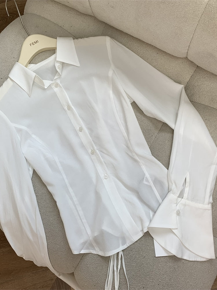Xakxx - Women Retro Solid Color Slim Chiffon Shirt Turn-down Collar Flare Sleeve Tunic Bandage Design Female Blouses 2023 Spring Summer