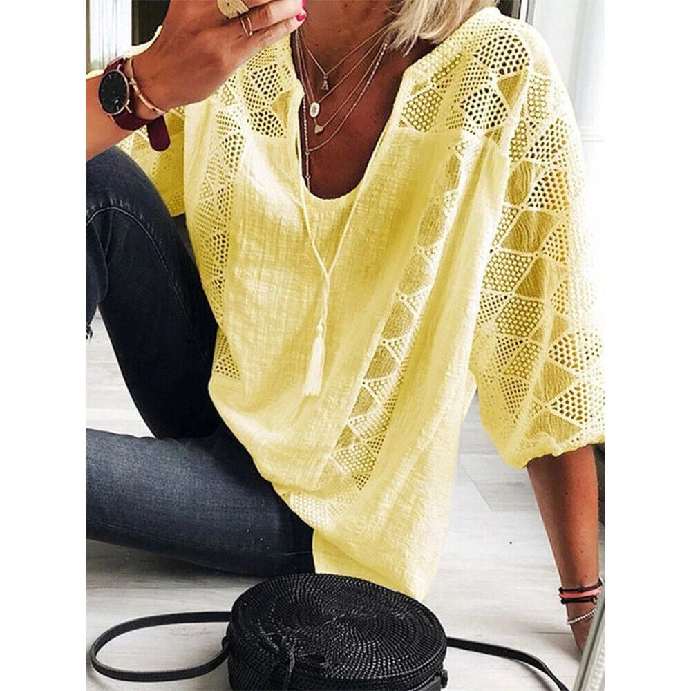 Xakxx - Women's blouse 2023 Spring/Summer Cotton Lace Shirt Spliced U Neck 3/4 Sleeve Top Women's Solid Loose Blouse