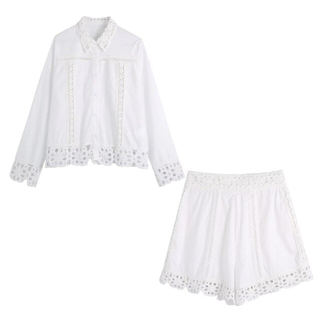 Xakxx - Embriodery Lace Cotton Blouse Shirt Women V Neck Vintage Hollow Out Tops Autumn Winter Casual Office Ladies Blouse Blusa