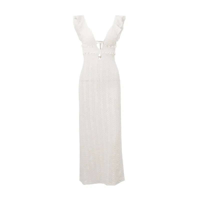 Apricot Hollow Out Maxi Dress Women Sexy See Through Backless Slim Beach Dress Summer Fashion Ruffle Holiday Party Dress xakxx