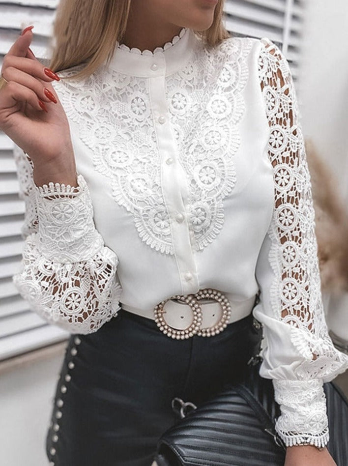Xakxx - Women Sexy Lace Patchwork Hollow Out Shirt Blouse Long Sleeve O-Neck Mesh Design Tops Spring White Vintage Button Shirts