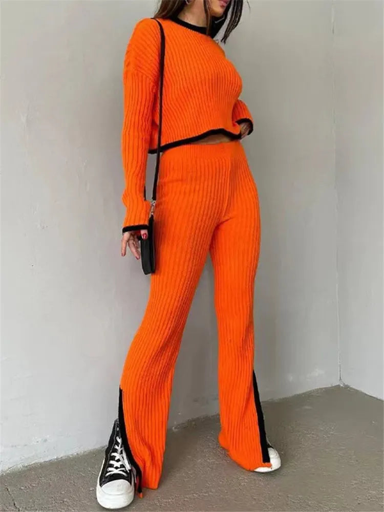 Autumn Winter 2 Pieces Women's Oufit Sets Knitted Tracksuit O-Neck Sweater and Wide Leg Jogging Pants Female Suits