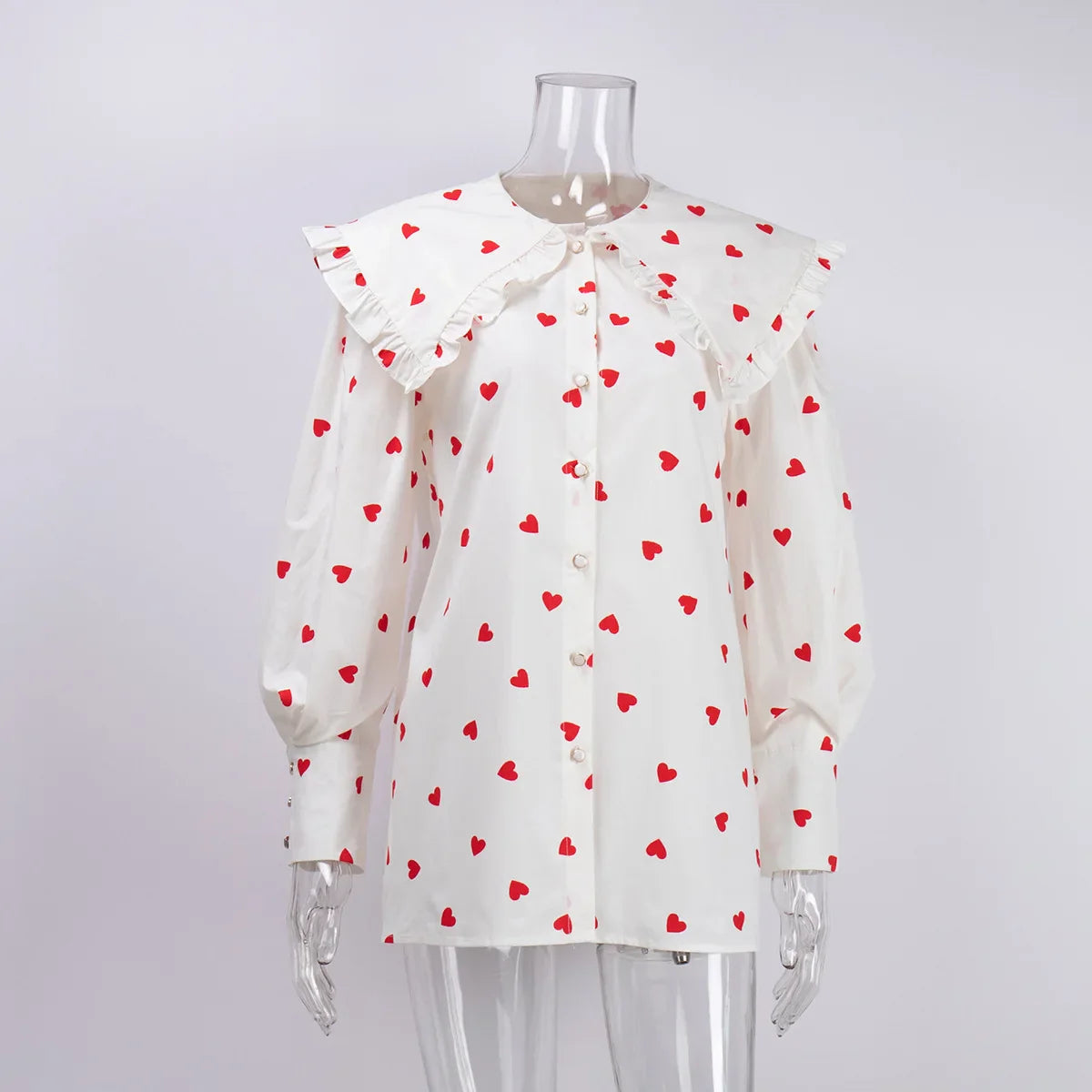 Women Oversize Shirt Big Peter Pan Collar Ruffle Blouse Heart Print Long Sleeve Cotton Shirts Tops Female Summer Frill Blusa