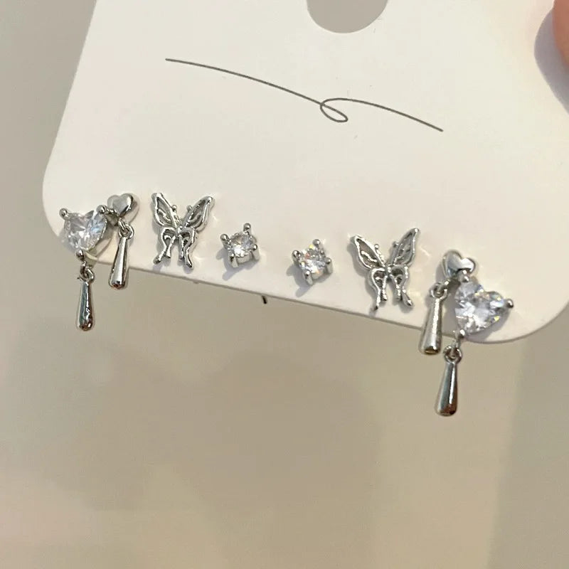 6Pcs New Goth Zircon Crystal Geometric Metal Heart Hoop Earrings For Women Vintage Y2K Accessories Aesthetic Jewelry