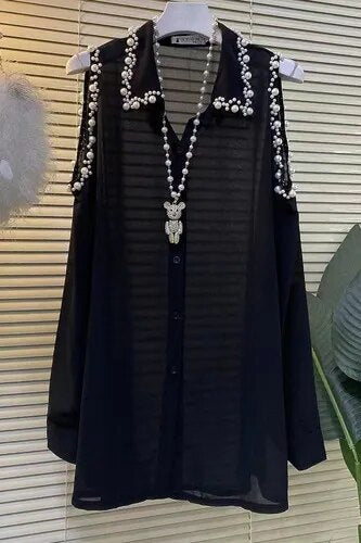 Xakxx - Mid-Length Long Sleeve Beaded Off-Shoulder Black Chiffon Blouse Women Summer New Clothes Large Size Loose Oversized Shirt Dress