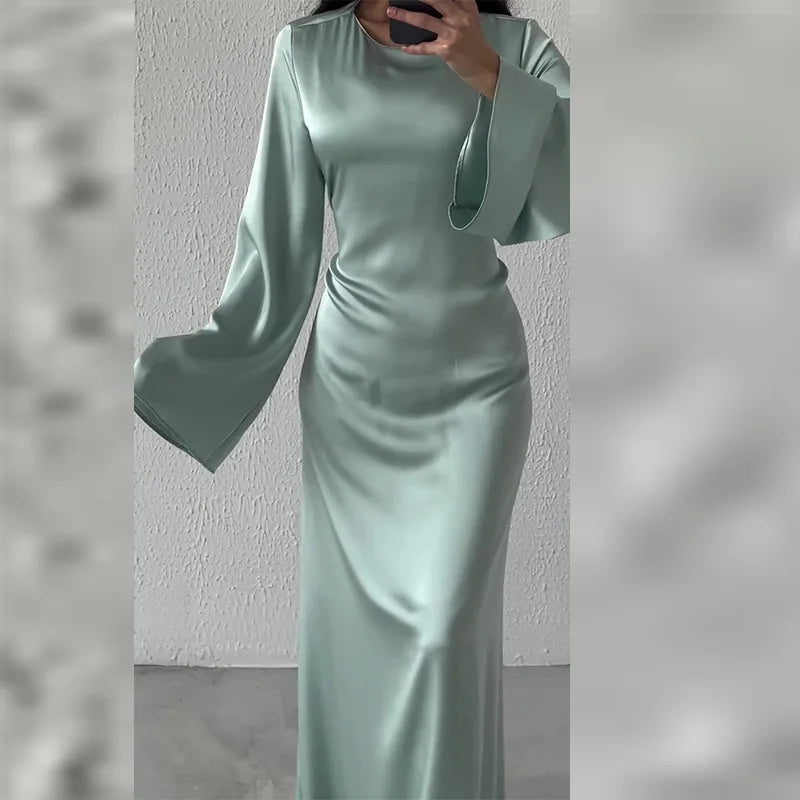 xakxx Women Satin Long Dresses Sexy Lace Up Slim Evening Dresses Simple Round Neck Flare Sleeve Birthday Party Dresses For Women