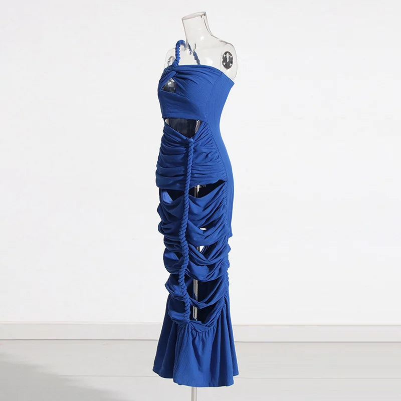 Bandage Women Long Maxi Dress Solid One Shoulder Hollow Out Evening Dress xakxx New Spring Sexy Club Party Twist Bodycon Vestidos