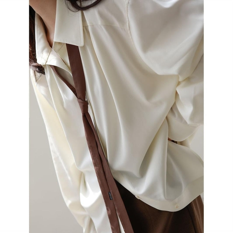 Xakxx - Vintage Women Blouse Oversized Harajuku Chic Basic Korean Style with Tie Long Sleeve Shirt Loose Aesthetic Retro Female