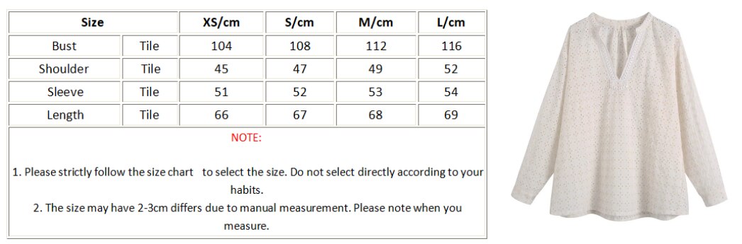 Xakxx - Embriodery Lace Cotton Blouse Shirt Women V Neck Vintage Hollow Out Tops Autumn Winter Casual Office Ladies Blouse Blusa