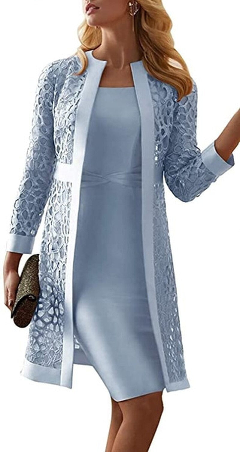 Purpdrank - Two Piece Dress Women Long Sleeve Knee Length Jacket Mother of The Bride Dresses Formal Party Evening Gown Dress Fashion