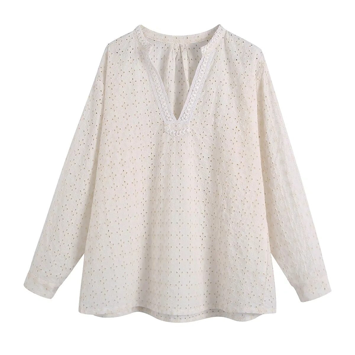 Xakxx - Embriodery Lace Cotton Blouse Shirt Women V Neck Vintage Hollow Out Tops Autumn Winter Casual Office Ladies Blouse Blusa
