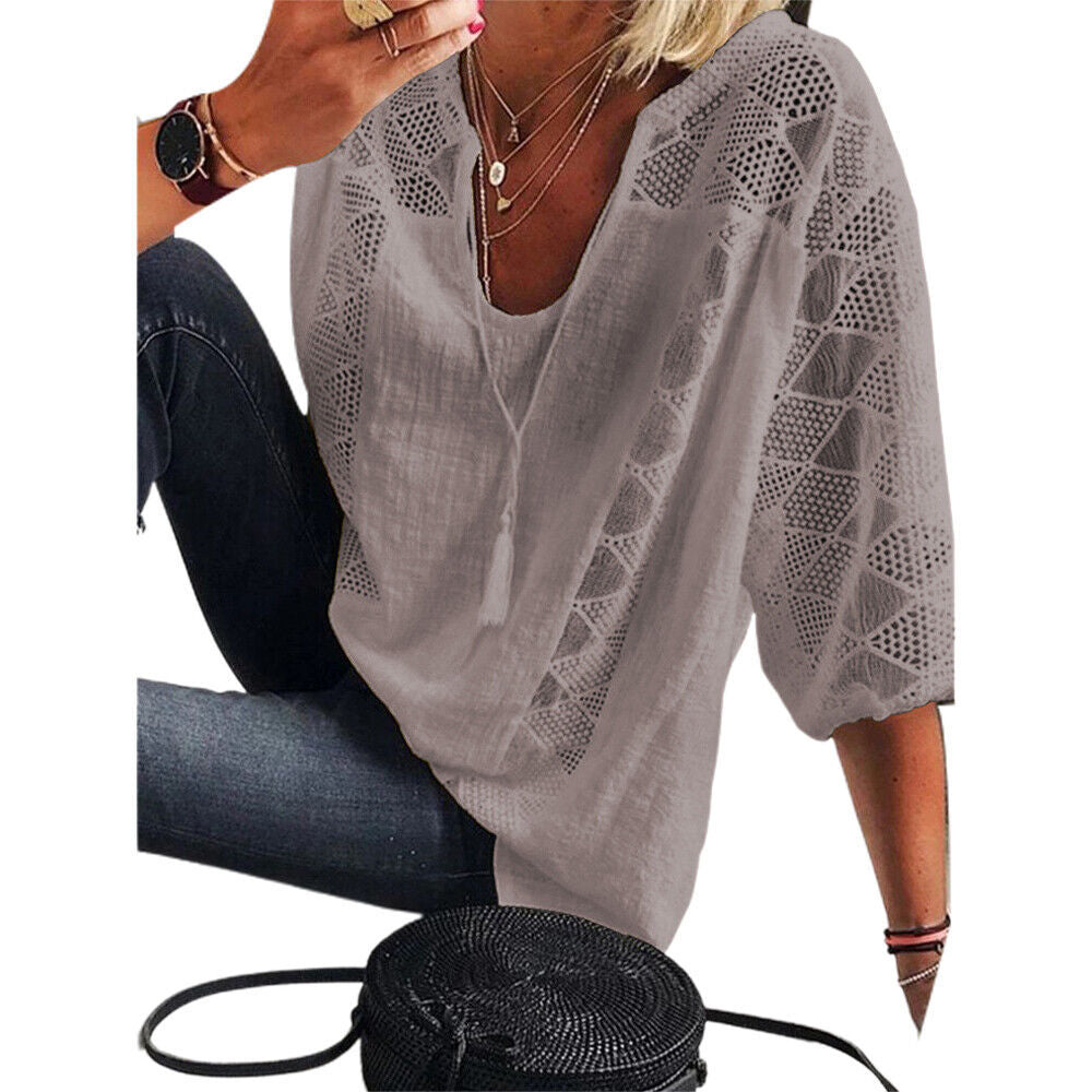 Xakxx - Women's blouse 2023 Spring/Summer Cotton Lace Shirt Spliced U Neck 3/4 Sleeve Top Women's Solid Loose Blouse