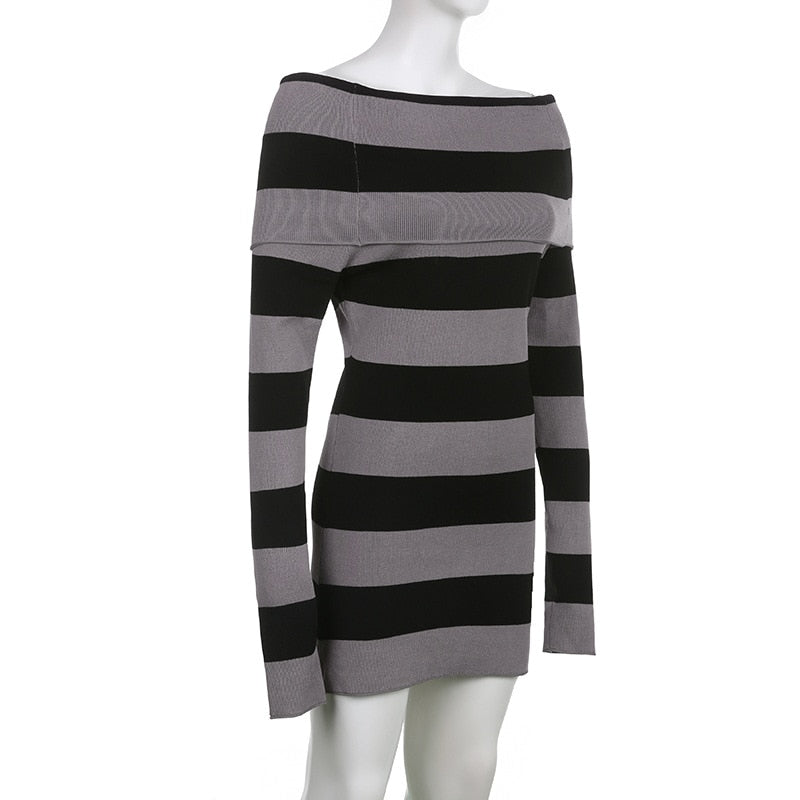 Purpdrank - E-girl Striped Gothic Aesthetic Sexy Dresses Grunge Long Sleeve Knitted Skinny Dress For Women Off Shoulder Streetwear