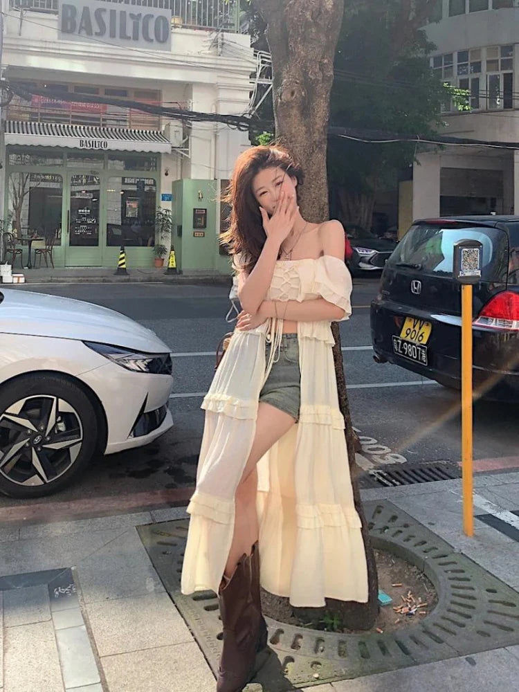 Beach Ruffles Holiday Vacation Midi Dress Women Sundress Summer xakxx Causal Off Shoulder Bandage Dresses Fashion Korean