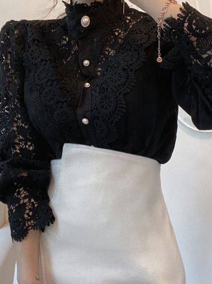 Xakxx - Women Sexy Lace Patchwork Hollow Out Shirt Blouse Long Sleeve O-Neck Mesh Design Tops Spring White Vintage Button Shirts