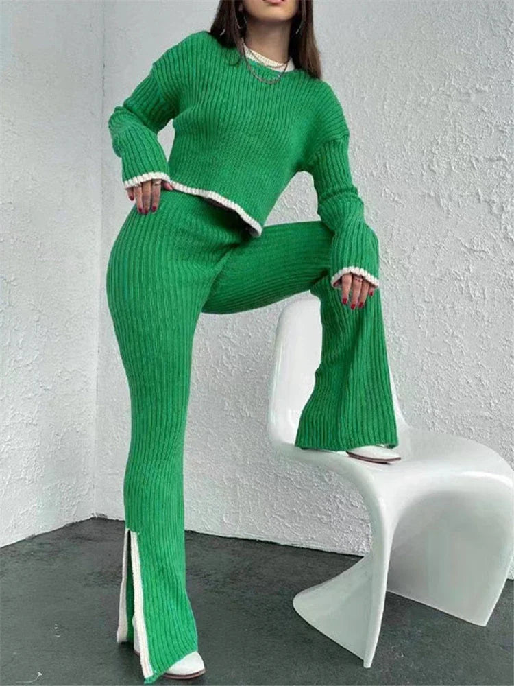 Autumn Winter 2 Pieces Women's Oufit Sets Knitted Tracksuit O-Neck Sweater and Wide Leg Jogging Pants Female Suits