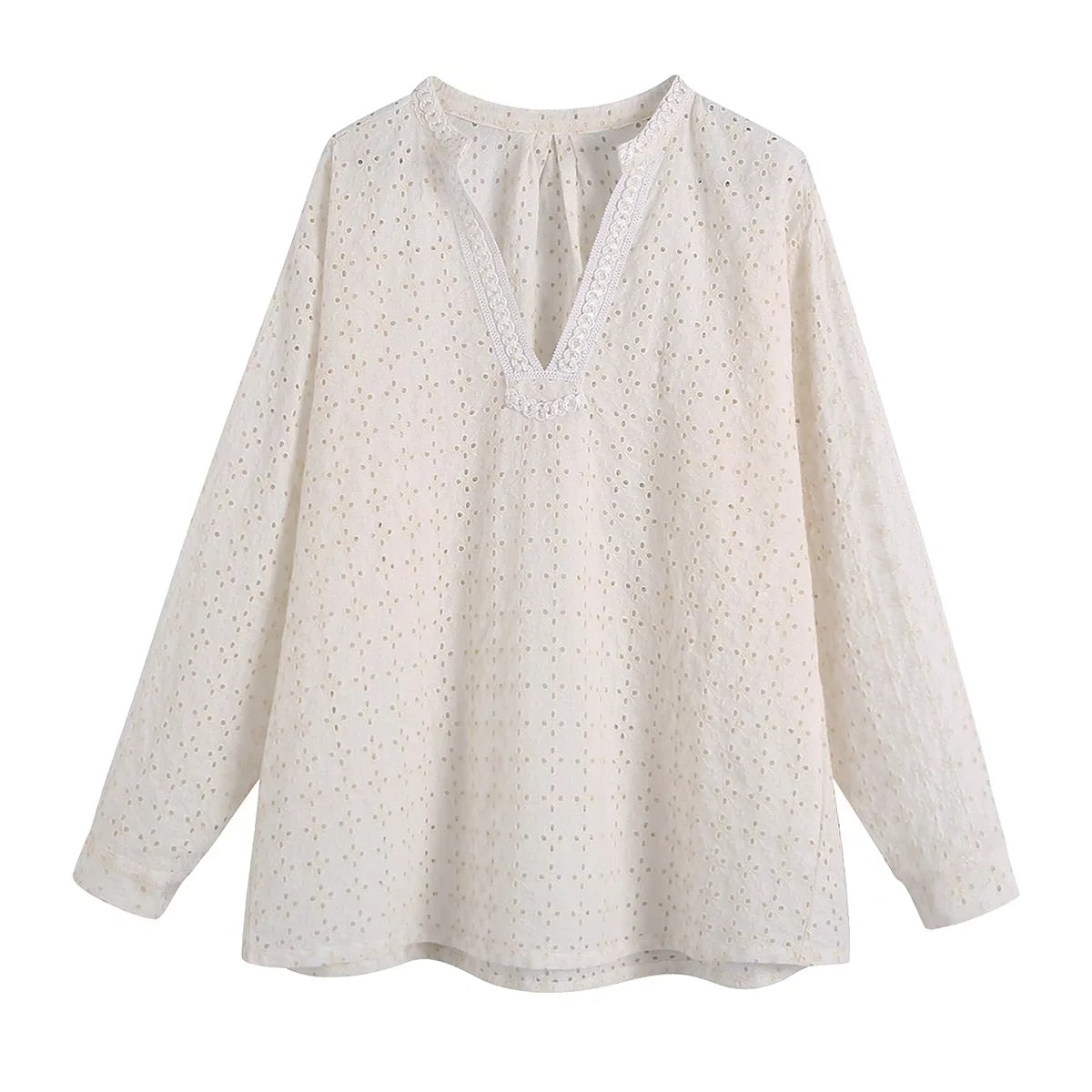 Xakxx - Embriodery Lace Cotton Blouse Shirt Women V Neck Vintage Hollow Out Tops Autumn Winter Casual Office Ladies Blouse Blusa