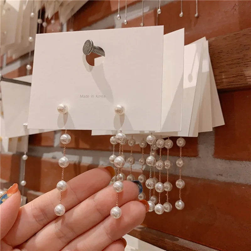 xakxx New Trend Simulation Pearl Long Earrings Women's Flower Rhinestone Wedding Pendant Earrings Fashion Korean Jewelry Earrings