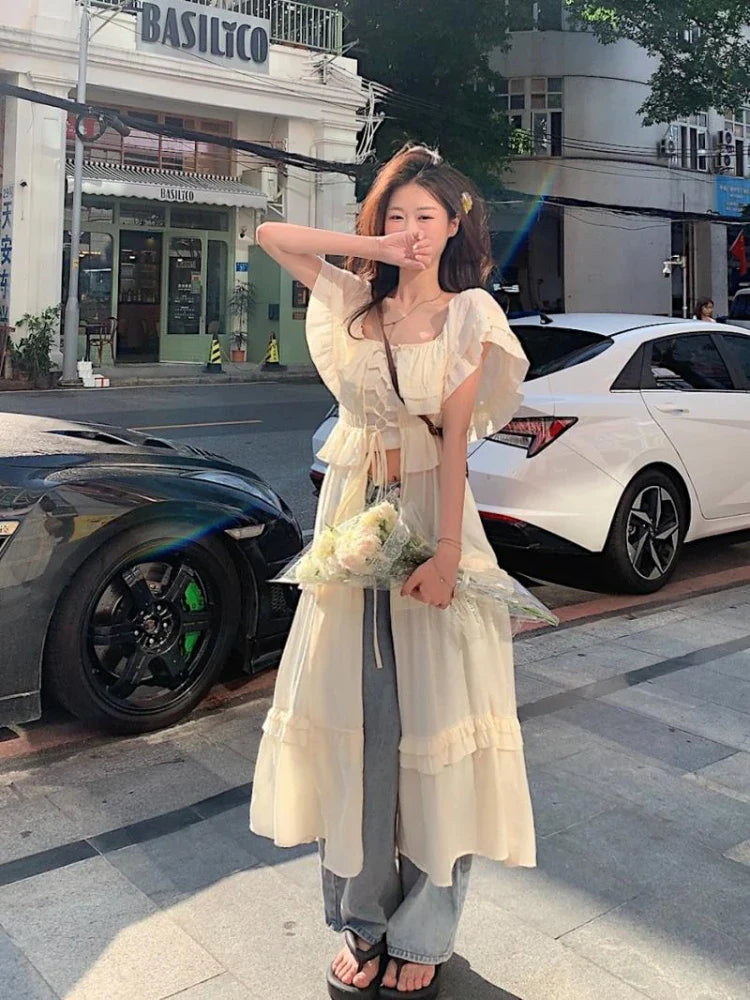 Beach Ruffles Holiday Vacation Midi Dress Women Sundress Summer xakxx Causal Off Shoulder Bandage Dresses Fashion Korean